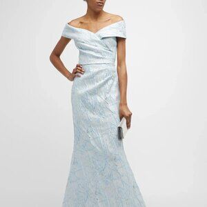 Rickie Freeman by Teri Jon Light Blue/Silver Metallic Off-Shoulder Dress 6 NWT